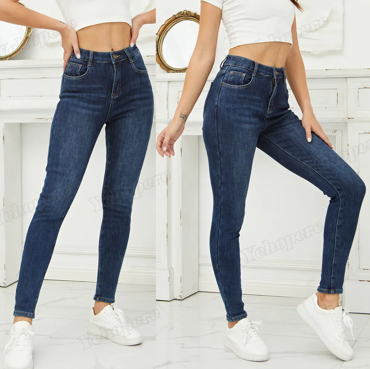 Yehopere - Pantalones vaqueros de invierno con forro polar para mujer, corte ajustado, cálidos, cintura alta, XS