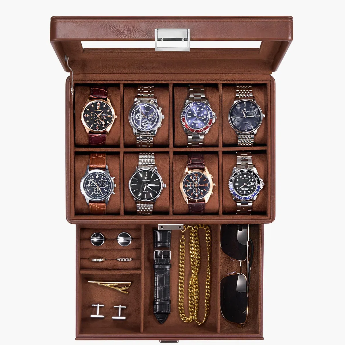 Caja para Relojes para Hombre, Organizador de Joyas con cajón, Estuche de exhibición con Tapa de Cristal - Marrón, 8 Ranuras