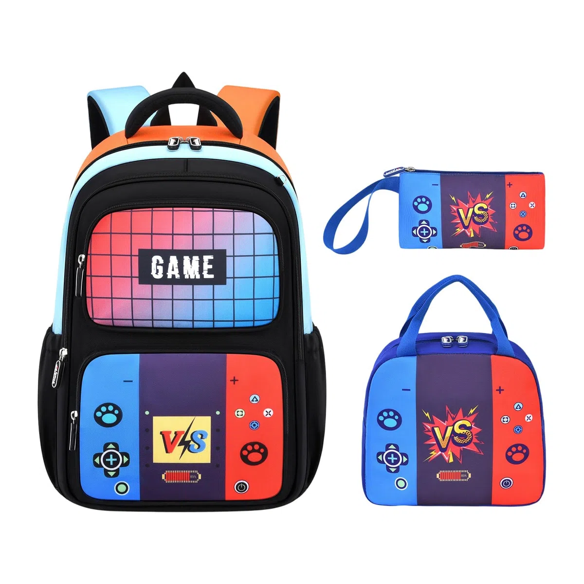 Genérico Mochila Escolar Gran Capacidad, Set de 3 Piezas Ligero con Fiambrera y Estuche – Mochila de Tela Oxford para Niños, Cabe Consola de Juegos y Útiles Escolares, Regreso a Clases (C)