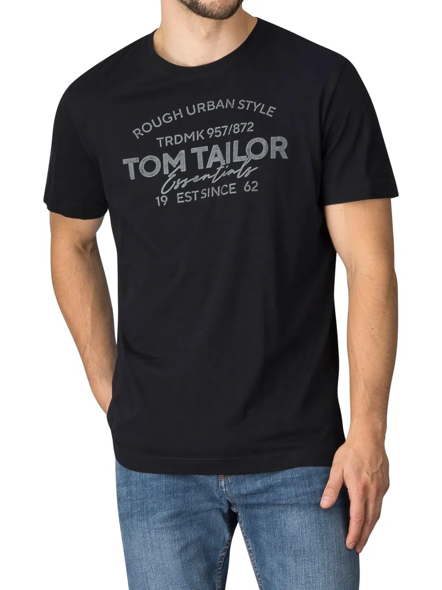 TOM TAILOR Camiseta para hombre, paquete de 4 unidades, cuello redondo, manga corta, corte regular, estampado de verano, 100% algodón, negro, blanco, verde, rojo, azul, gris