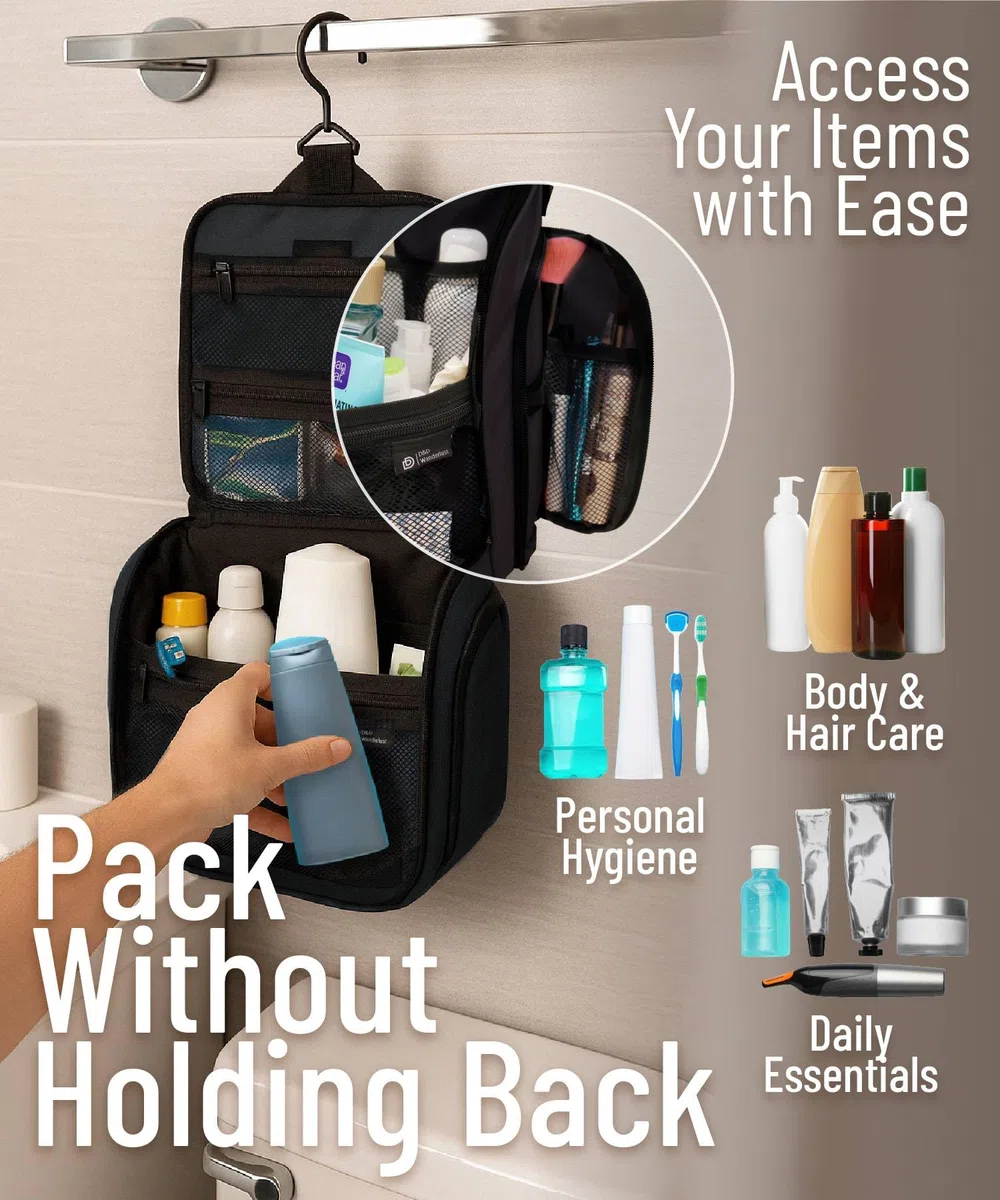 D&D Bolsa De Baño De Viaje Para Colgar Hombre/Mujer Gran Almacenamiento Cosméticos, Maquillaje, Artículos De Inodoro, 19 Compartimentos De Cremallera YKK, Gancho Giratorio Metal XXL, Nylon Impermeable