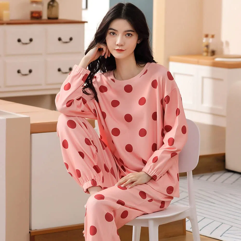 Pijamas Mujer,Conjuntos De Pijama Para Mujer Algodón Rosa Cuello Redondo Estampado De Lunares Clásico Acogedor Cálido Manga Larga Pjs Top & Amp; Conjunto De Pantalones Ropa De Dormir Ropa De Dorm