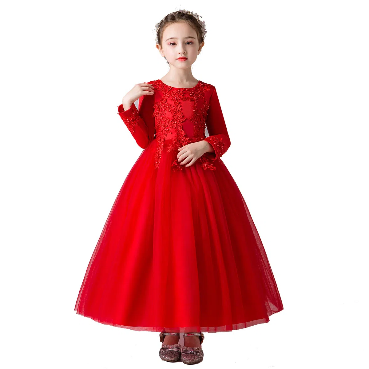 amropi Niñas Vestido de Princesa Fiesta Boda Flor Bordado Largo Manga Tul Vestidos + Corona 3-12 Años