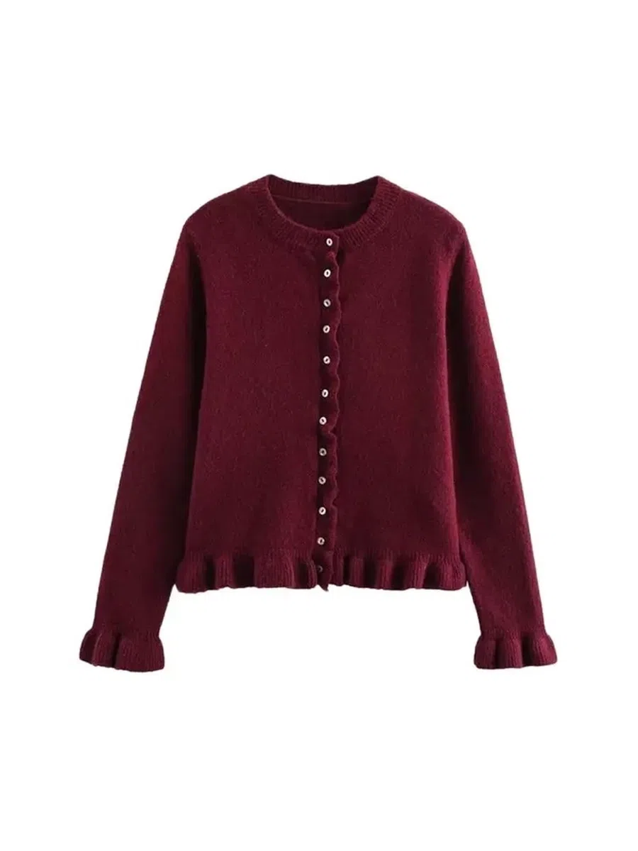 Cárdigan de Punto con Volantes for Mujer, suéter Elegante Cuello Redondo, Manga Larga y Botones Delanteros, Prenda Exterior Cárdigan Mujer