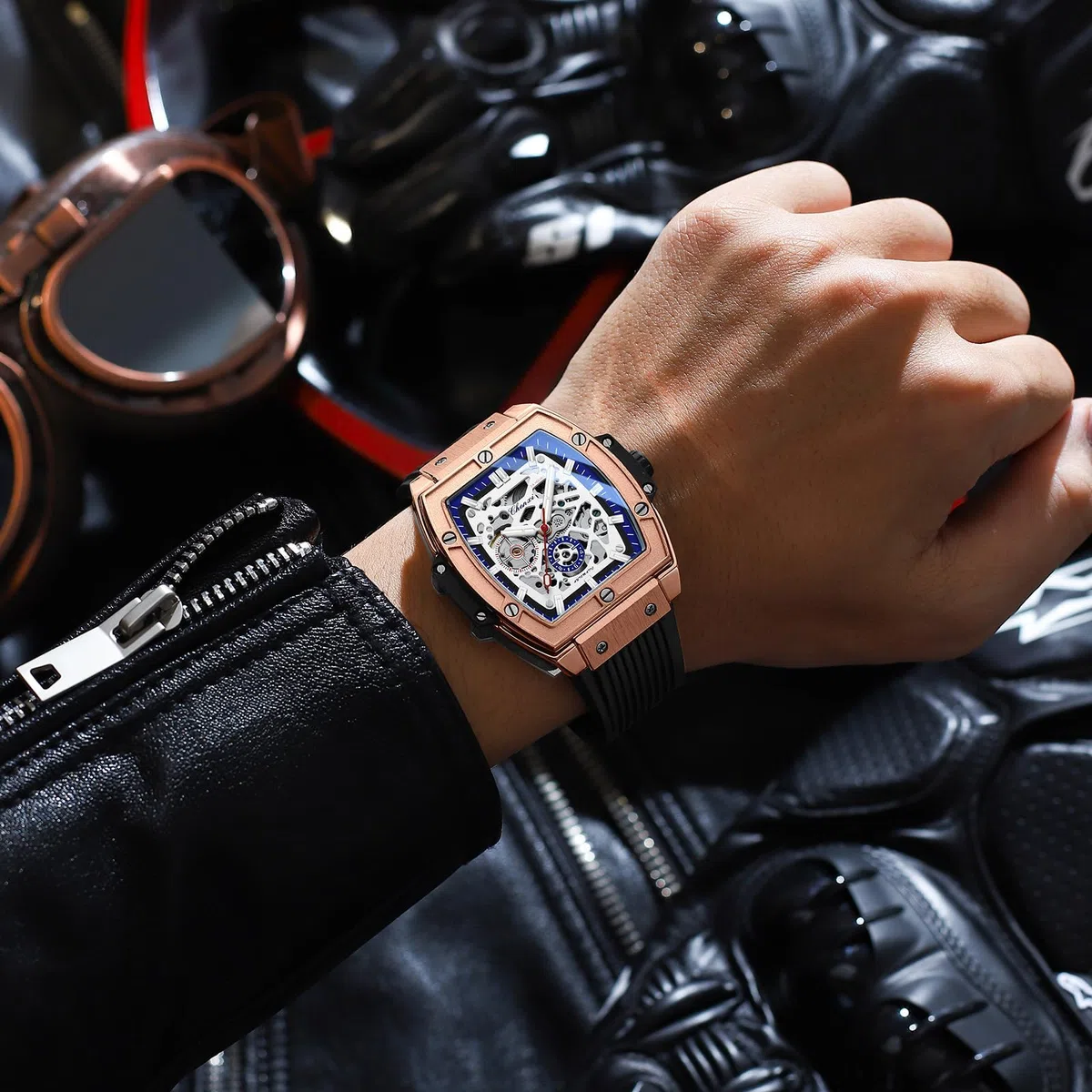 Reloj cuadrado cuadrado mecánico automático de alta calidad con cinta de silicona hueca impermeable y luminoso para hombre, Oro Rosa, Negocios