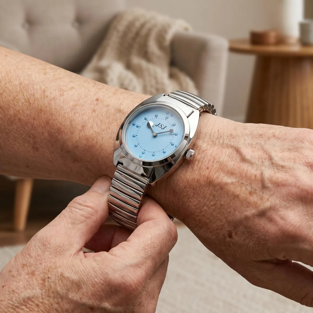 Reloj De Pulsera Braille para Invidentes o Personas Mayores Azul Dial, Banda Expandible Acero