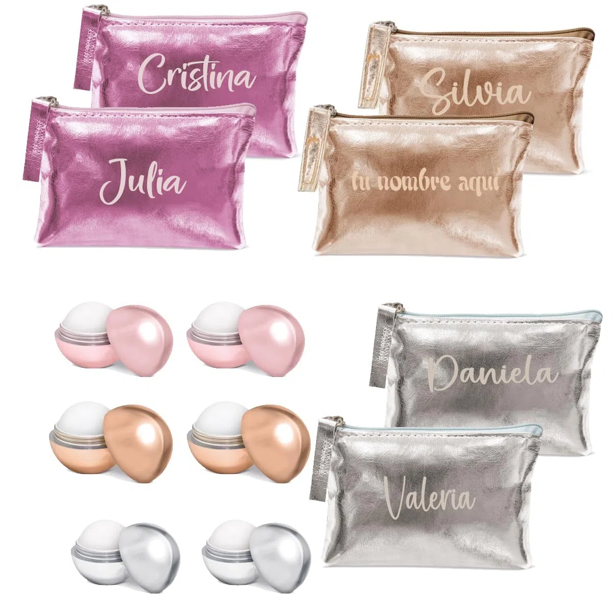 Balsamo Labial y Monedero a Juego con Color Metalizado con Posibilidad de PERSONALIZACION con Nombre. Pack 6 Unidades (Monedero con Nombre y balsamo)