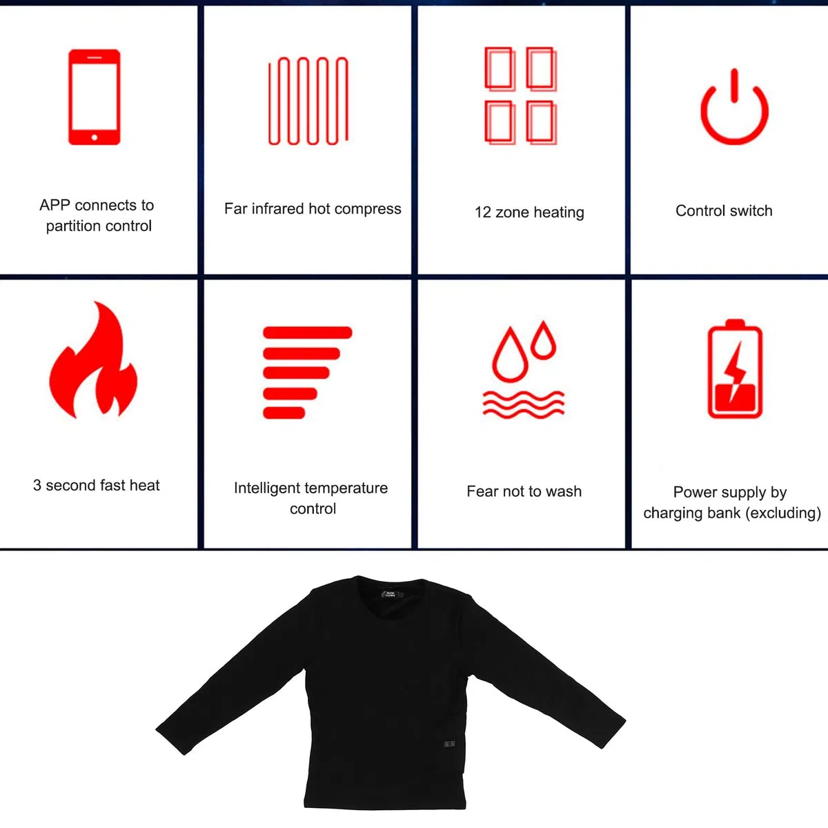 Camiseta interior calentada por infrarrojos con cuello redondo, control de temperatura por aplicación, camisas de calefacción eléctrica de 12 zonas para hombres y mujeres (4XL), #414, talla