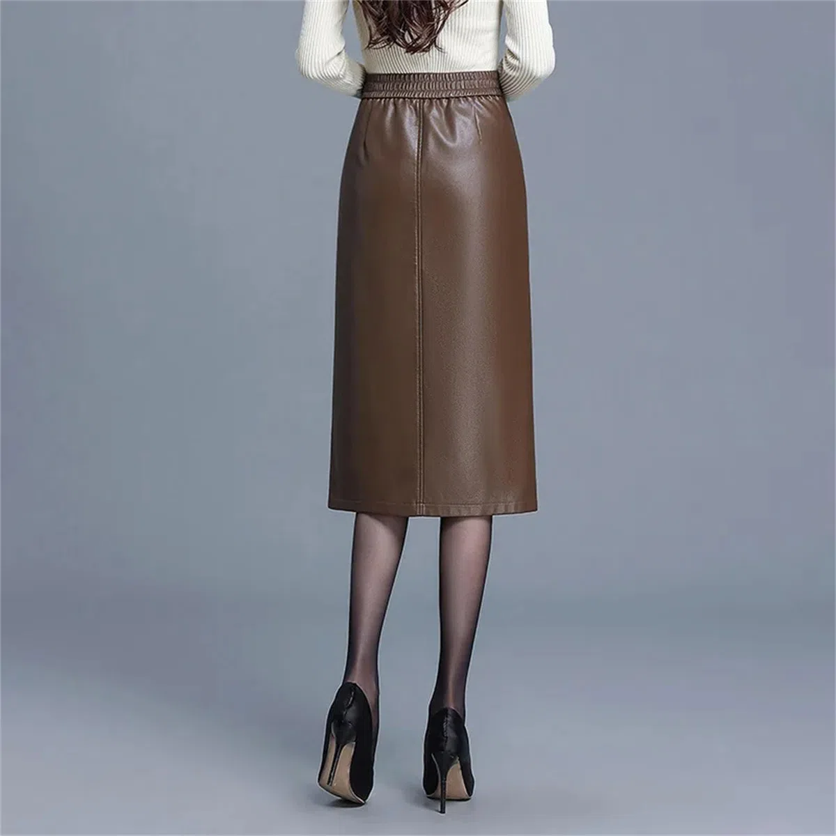 Falda de cuero para mujer, falda de piel sintética de invierno de cintura alta, falda recta, falda midi casual