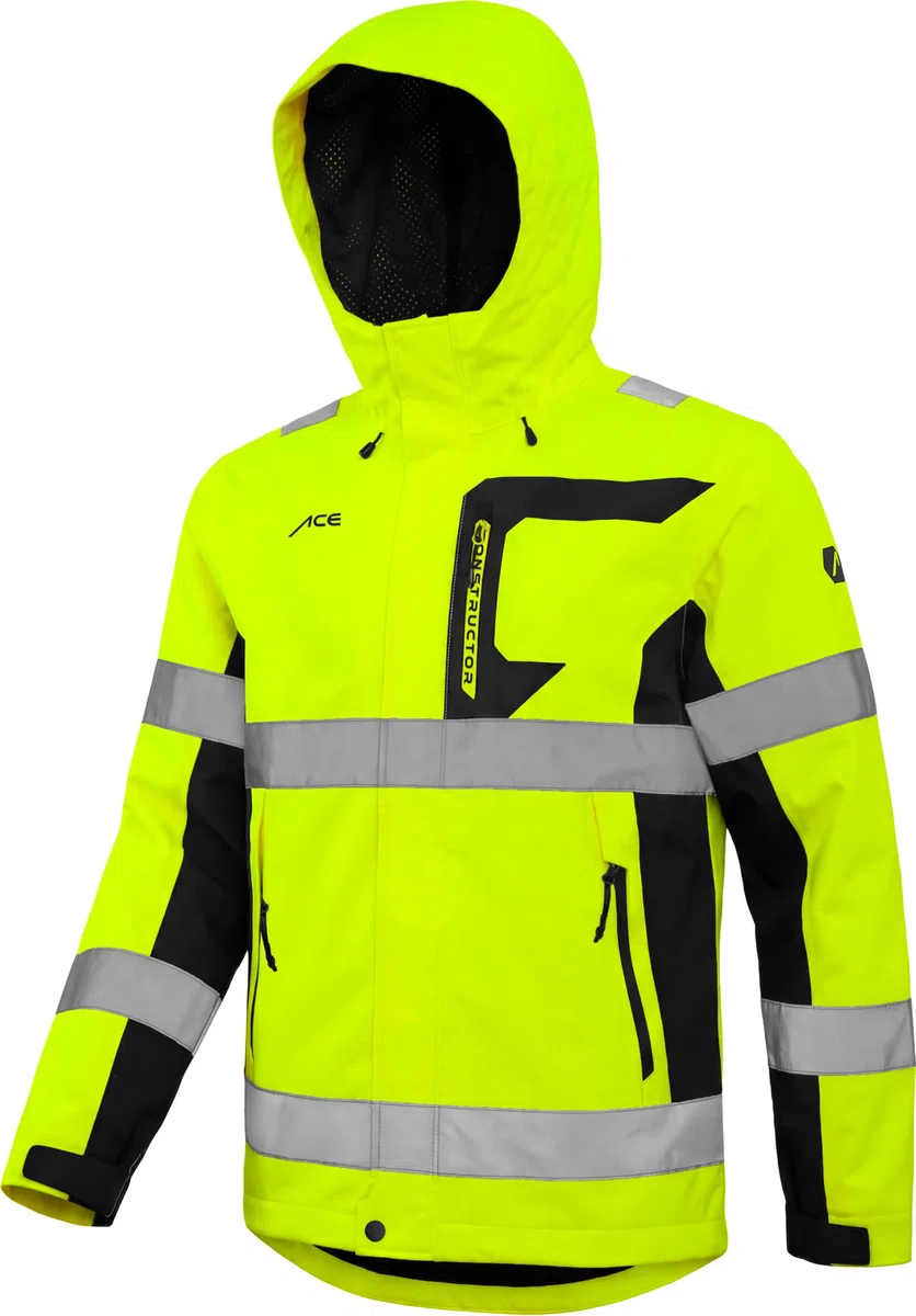 ACE Constructor HiViz Chaqueta impermeable: chaqueta de alta visibilidad impermeable con reflectantes y capucha - Normas EN ISO 20471 y EN 343 - Tallas S a 4XL