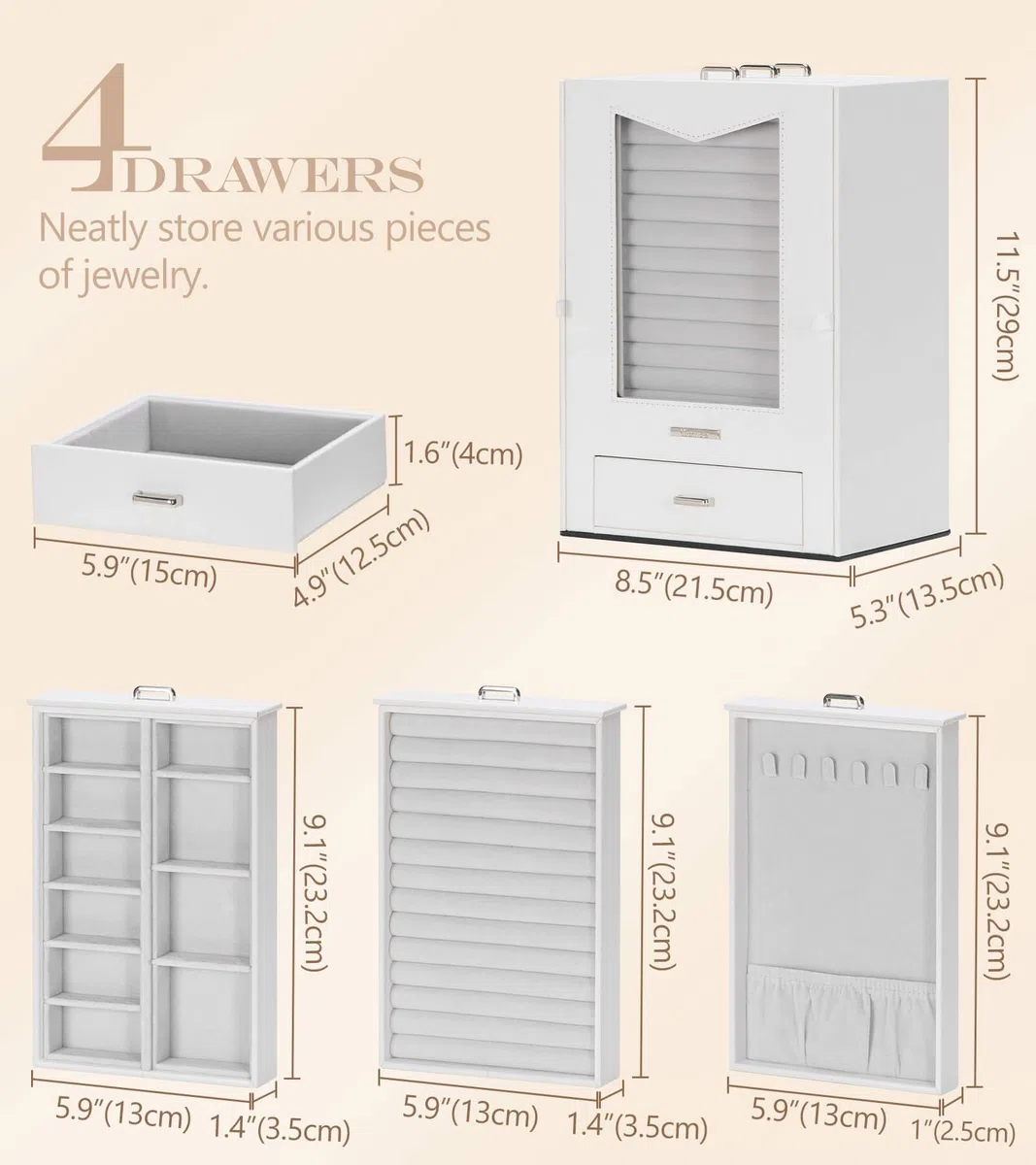 Homde Joyero con ventana de cristal real, collares, ganchos, joyero, armario para collares, anillos, pendientes, pulseras, regalo para mujeres, color blanco | Organiza collares, anillos, relojes y pendientes, mesa de tocador, ventana transparente y gancho