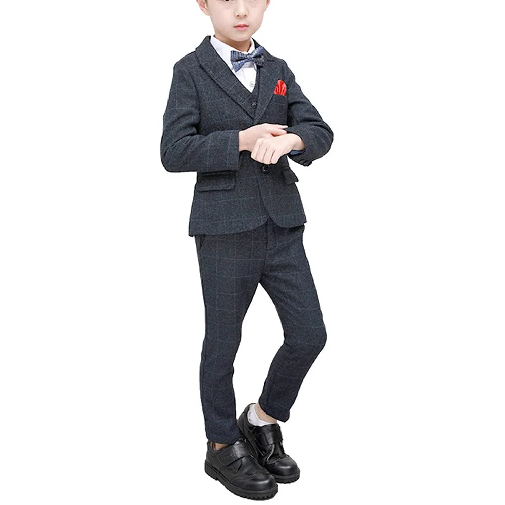 Conjunto de Traje a Cuadros Niños Traje de Fiesta de Bodas,6 Piezas Trajes Blazer+Camisa+Chaleco+Pantalones+Pajarita+Pañuelo de Bolsillo,Chicos Traje Formal para Ceremonio Bautizo Graduación Esmoquin