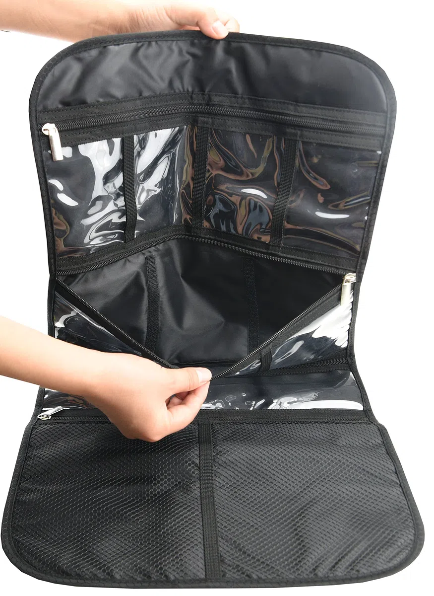 Freegrace Bolsa de Viaje para artículos de Aseo Personal, para Colgar cosméticos, Joyas, artículos de tocador y Accesorios, tamaño Grande, Varios Compartimentos, Negro -