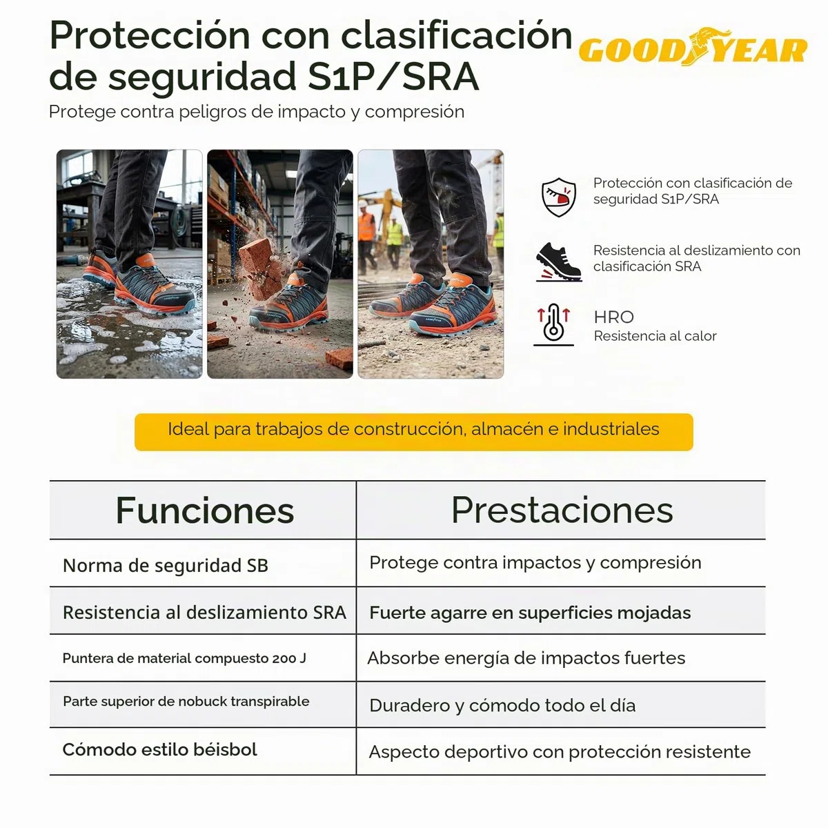 Goodyear Workwear GYSHU1583 S1P/SRA/HRO - Zapatillas de seguridad para el trabajo, ligeras, no metálicas, puntera y entresuela Composite