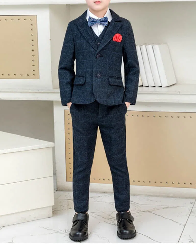 DAIHAN Traje Comunión de Tweed de niño Actuación Cumpleaños Fiesta de Bodas Traje de Fiesta de Esmoquin Pantalones de Chaqueta de Solapa con Pajarita Conjunto de Trajes de Bautizo de Caballero