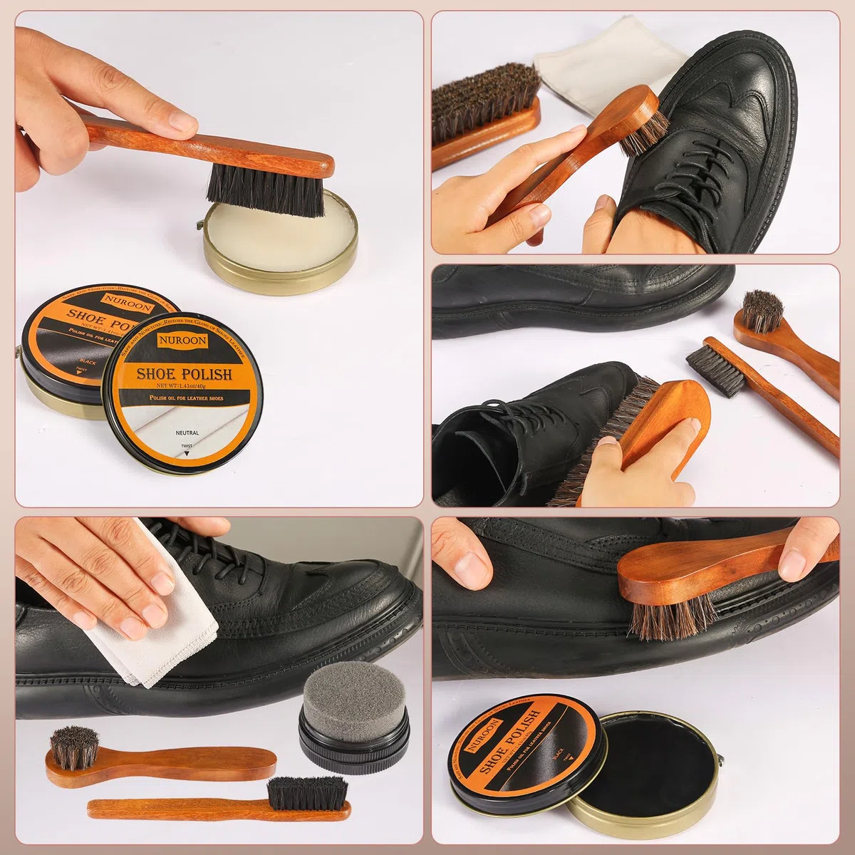 Kit de cuidado de zapatos de 13 piezas, cepillo de pulido de zapatos de crin, esmalte de zapatos negro marrón neutro, acondicionador de cuero de aceite de visón para botas, esponjas de brillo de