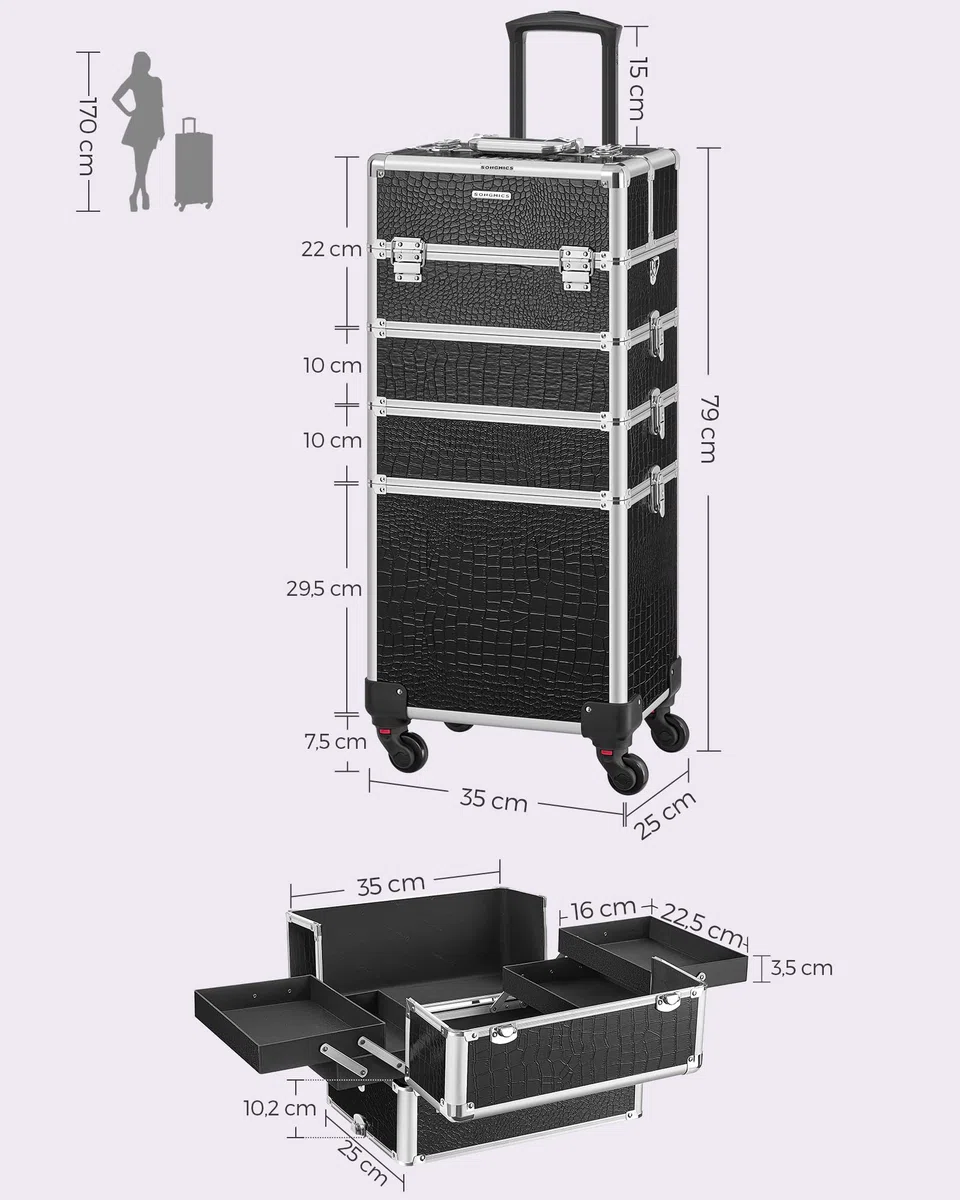 SONGMICS Maleta de Maquillaje Profesional, Maletín para Cosméticos 4 en 1, Extra Grande, Maletín de Peluquería, Con Tapa, 35 x 25 x 79 cm, Cerradura, Ruedas 360°, para Viaje, Regalo, Negro JHZ06B