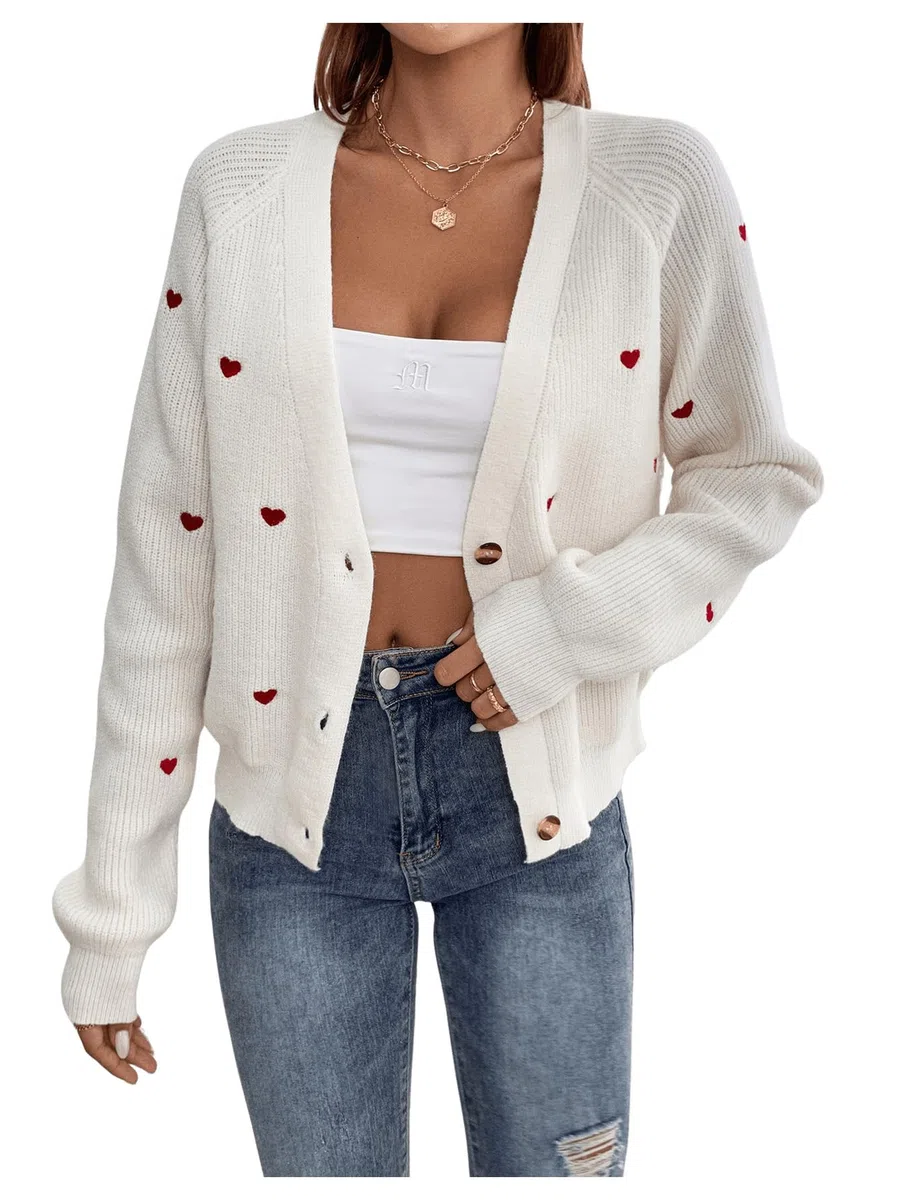 GORGLITTER Cárdigan de punto para mujer, abrigo de punto informal, suéter para exteriores, chaqueta fina, suéter con bordado de corazón