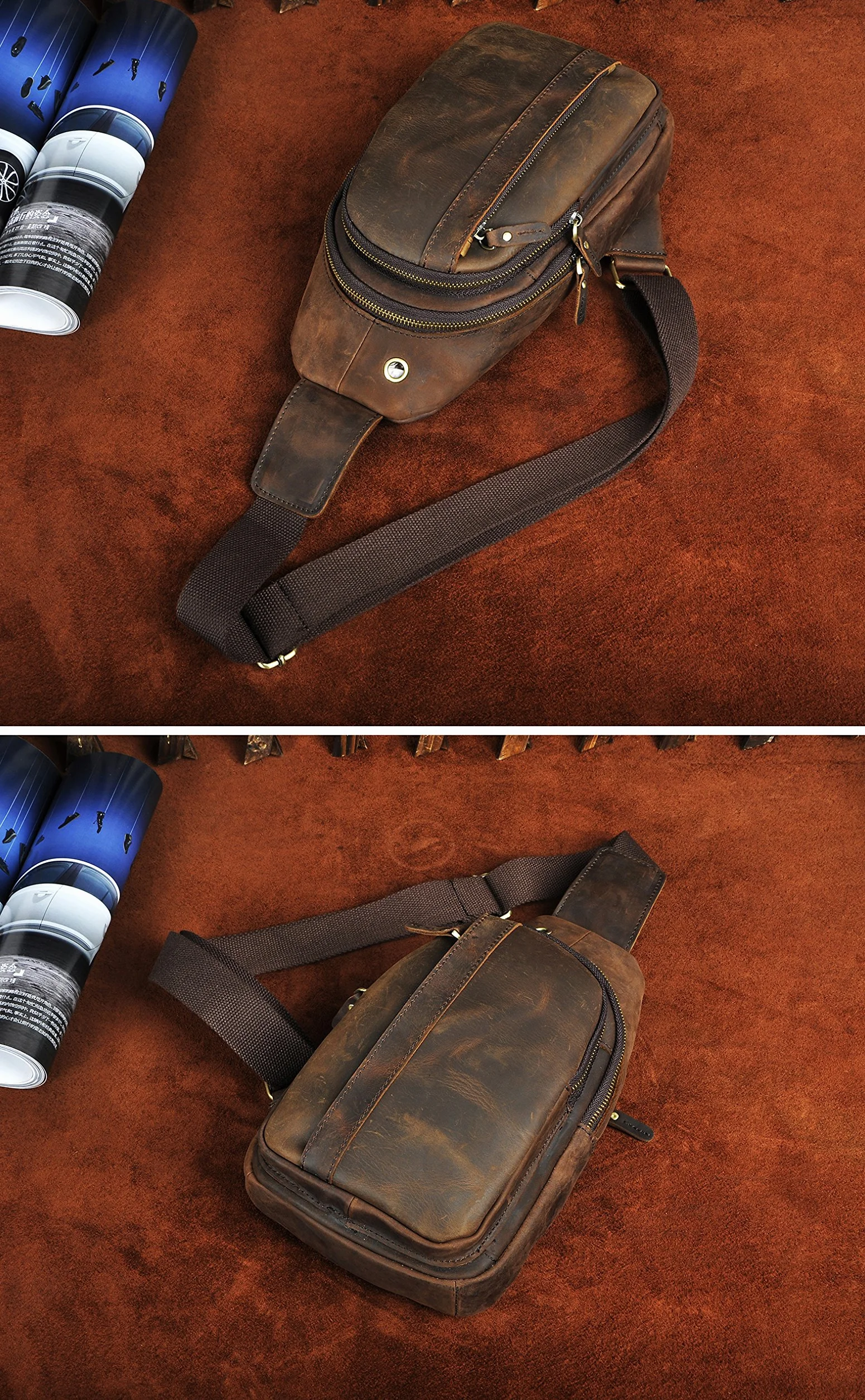 Le'aokuu Hombres Cuero Genuino vendimia Bolsos cruzados bolsa de tableta/paraguas/té bolsa mochila correa para el hombro cruz cuerpo y bolsa de mensajero y bolsa de pecho