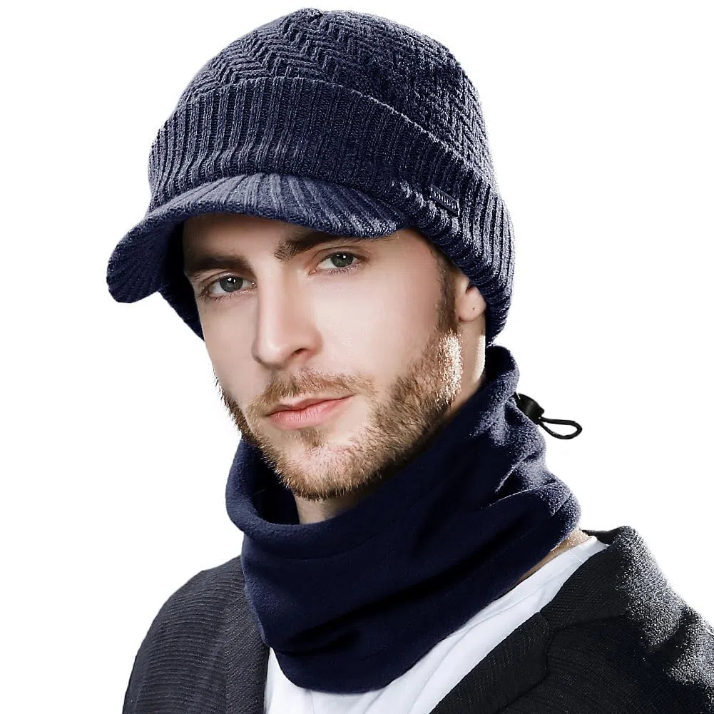 Comhats M/L/XL - Conjunto de invierno para hombre de lana merino con visera y bufanda de esquí, gorro de lana con visera y calentador de cuello de forro polar