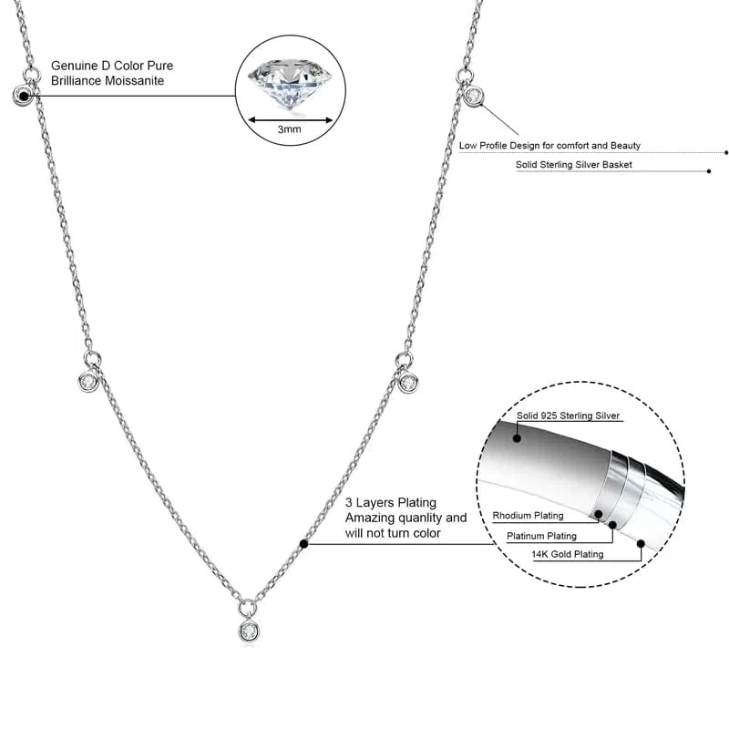 Collar de moissanita de 2,5 mm de corte redondo de color D para regalo de mujer con longitud de cadena de 16 + 2 pulgadas