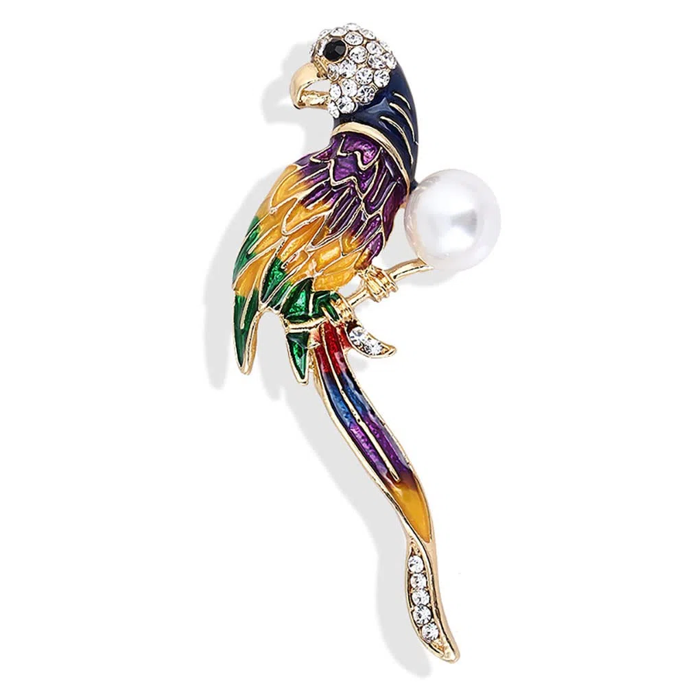 Broche for mujer, elegante broche de loro, mujer, niña, hombre, imitación de colores, diamantes de imitación, cristal esmaltado, animal, gran colibrí, broche de solapa, decoración de moda