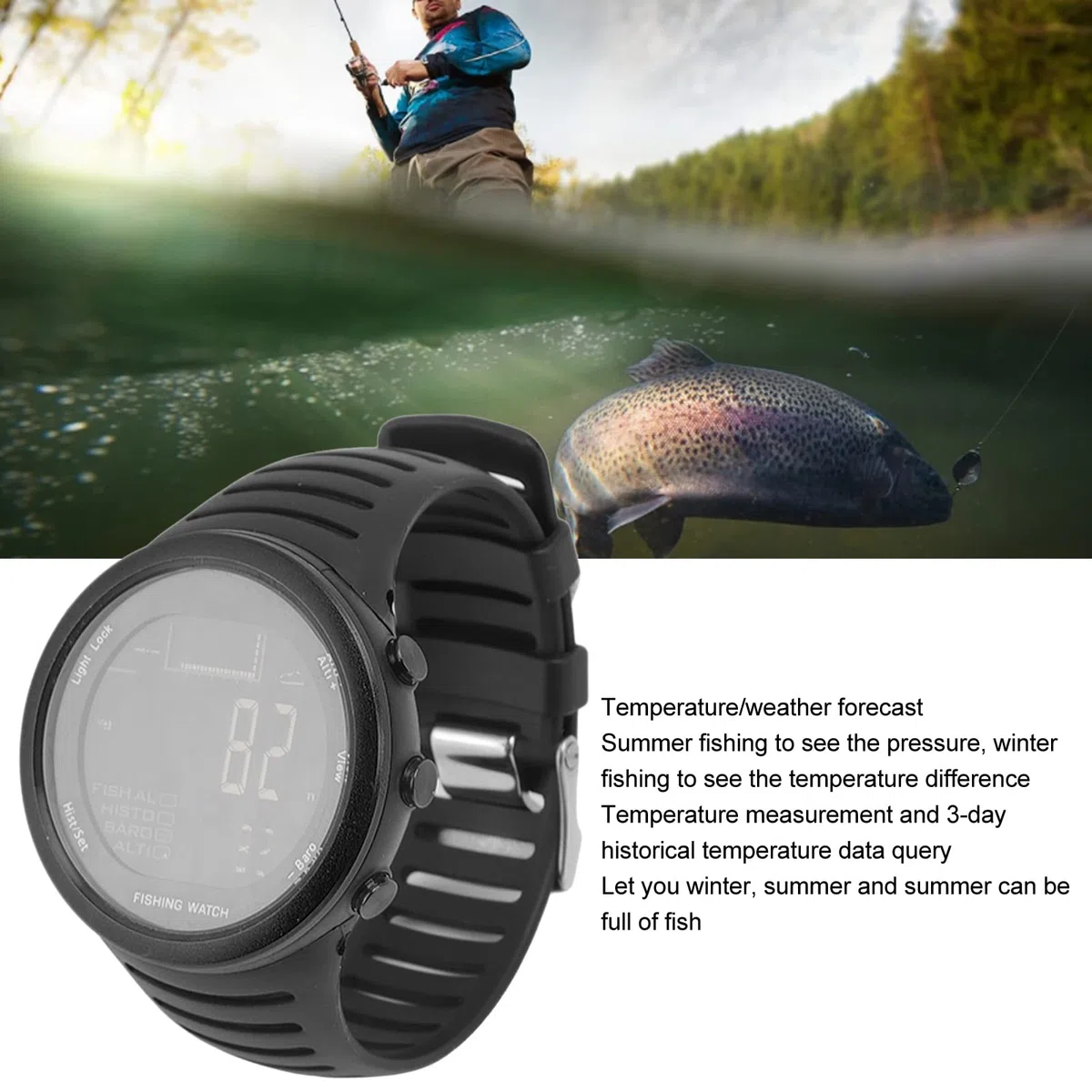 Focket Relojes de Pesca Al Aire Libre, Impermeable Multifuncional Barómetro de Pesca Ver Brújula Barómetro Temperatura del Termómetro Deporte Al Aire Libre Reloj Digital para Hombres