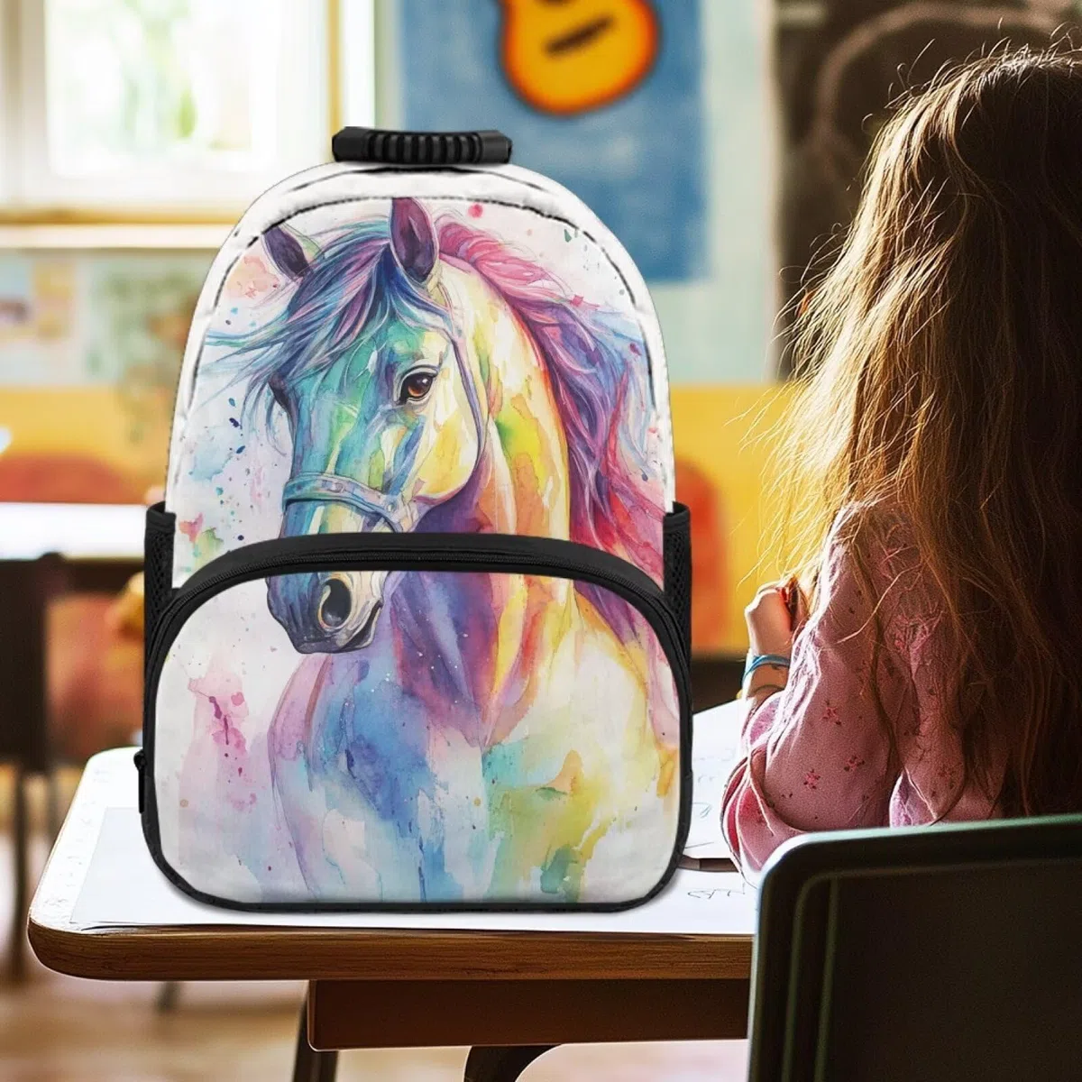 COEQINE Mochila escolar para niñas de 1er grado para adolescentes, mochila escolar de caballo arco iris para niños, bolsa ligera para niñas grandes de 4 a 6 años, regalos de cumpleaños, Caballo