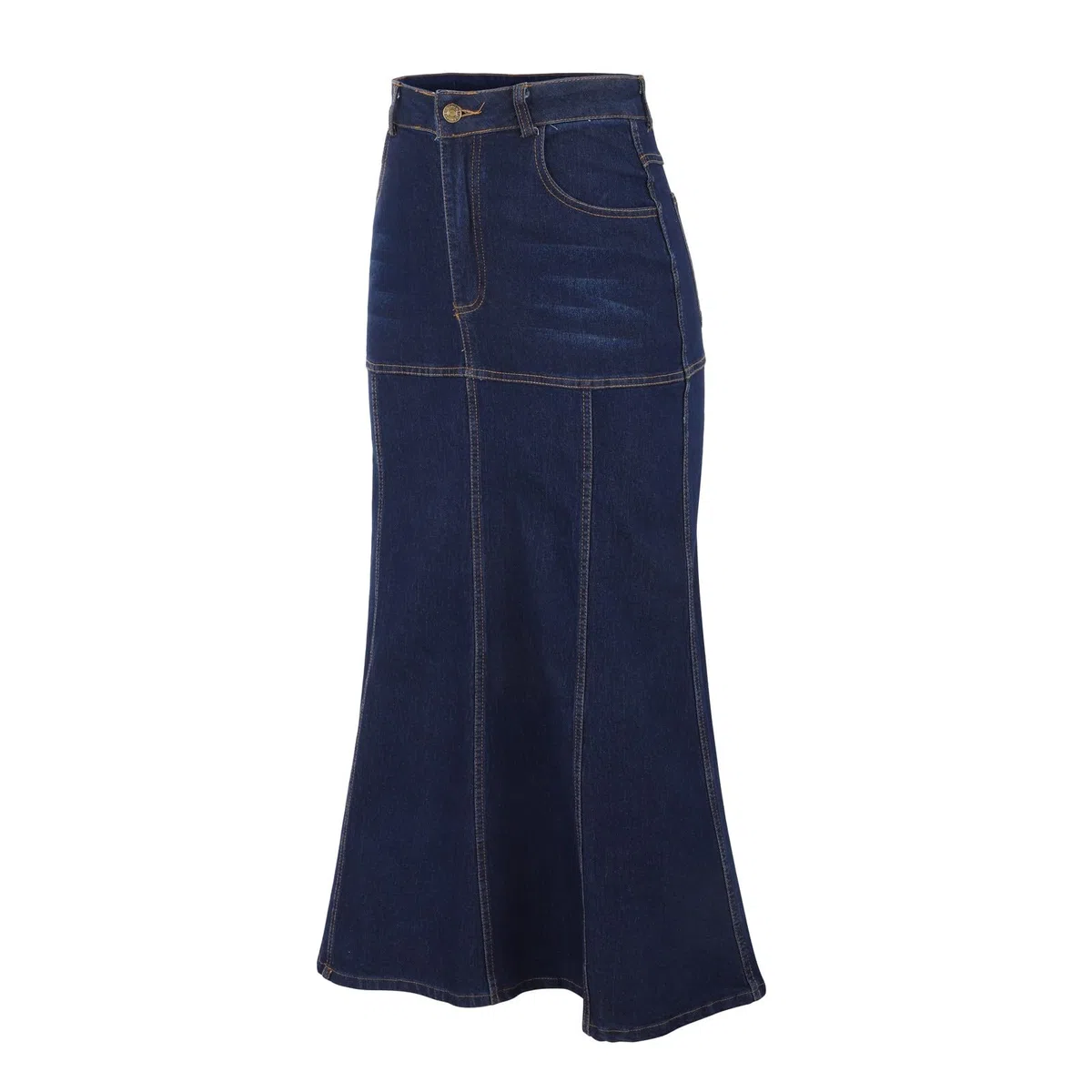 Falda midi Vaqueros para mujer: falda vaquera para mujer hasta la rodilla elegante falda larga de cintura alta falda acampanada con bolsillos y tira de botones falda de verano holgada falda plisada