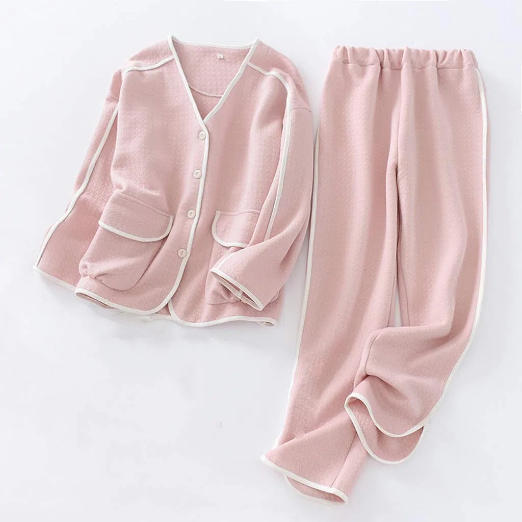 Conjunto de Pijama Sencillo y cálido para Mujer, Tops de Ocio de Invierno, Pantalones de Manga Larga de algodón con Capa de Aire Gruesa, Color sólido