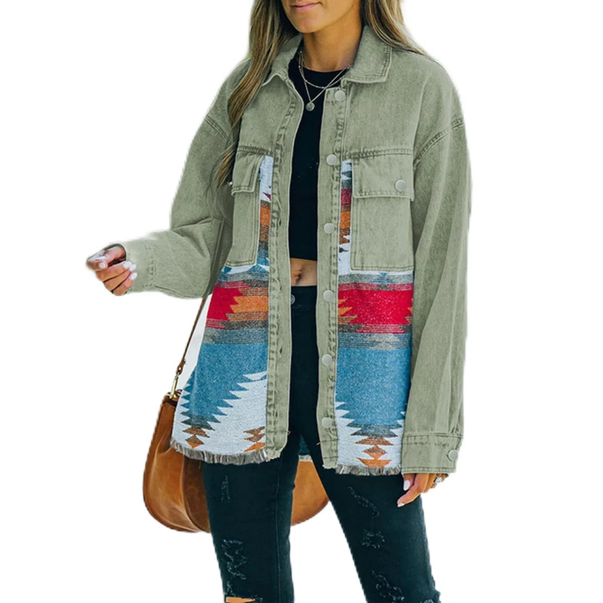 Jeans Casual chaquetas 2023 Otoño Invierno nuevo azteca solapa bolsillo Denim abrigo Patchwork manga larga lana mujer chaqueta Retro