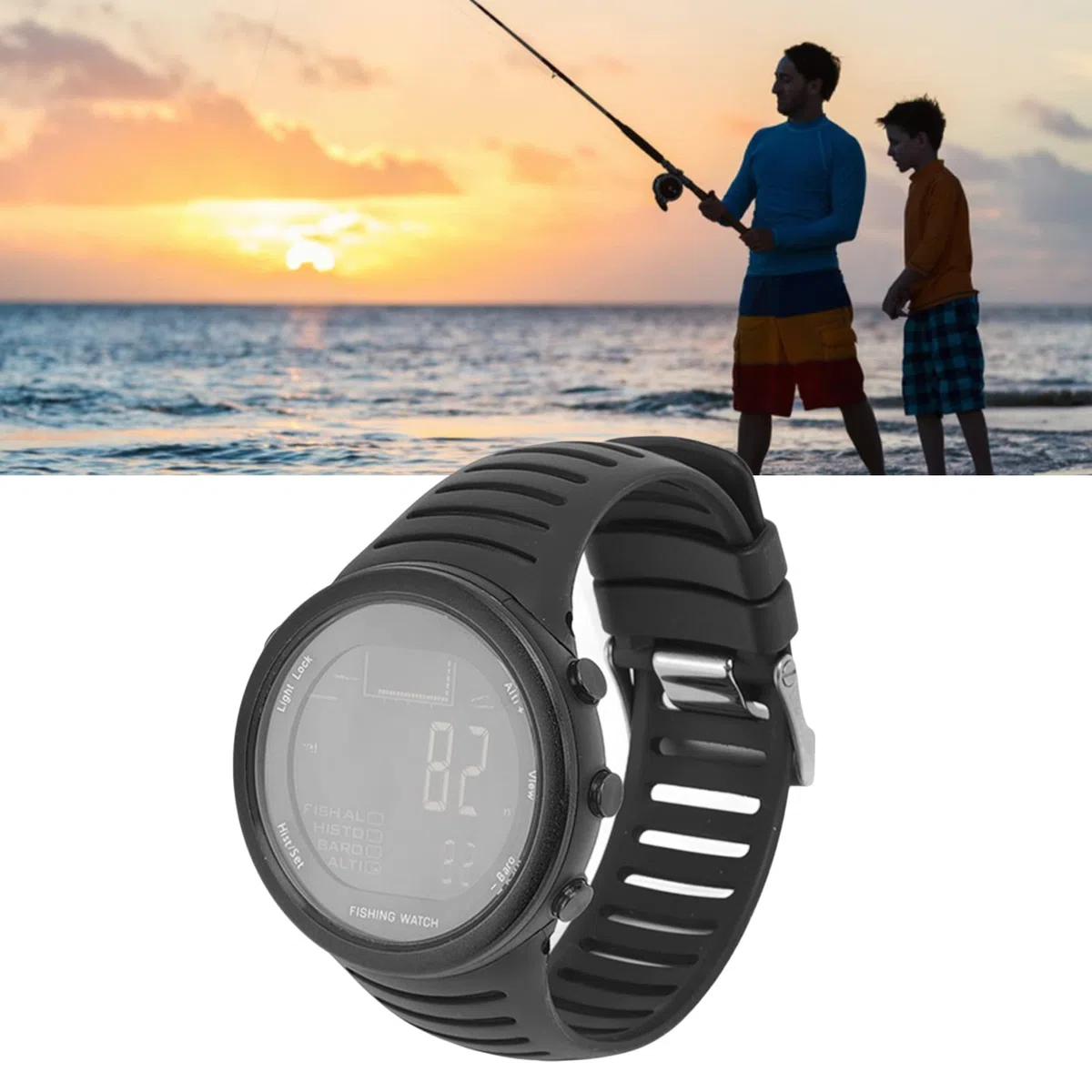 Focket Relojes de Pesca Al Aire Libre, Impermeable Multifuncional Barómetro de Pesca Ver Brújula Barómetro Temperatura del Termómetro Deporte Al Aire Libre Reloj Digital para Hombres