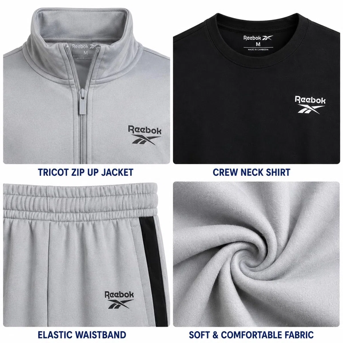 Reebok Conjunto deportivo de 3 piezas con chaqueta de punto con cremallera, camiseta y pantalones deportivos para niños