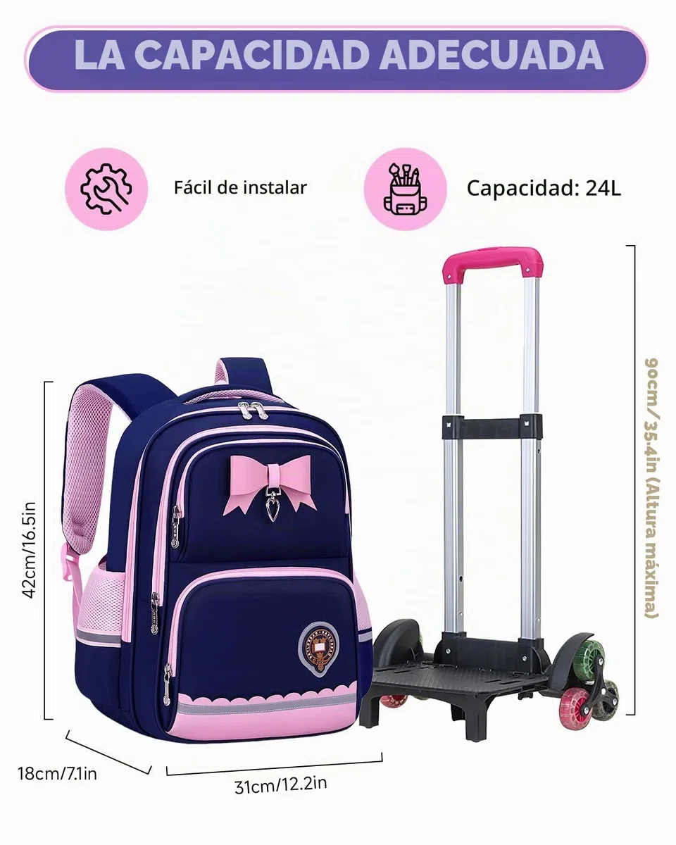 Amythe Mochila Ruedas para Niña Primaria con Bandas Reflectantes, Azul | Mochilas Carro Extraíble 6 Ruedas, Mochila Colegio Niñas 6 a 10 Años, Hidrorrepelente, con Correa Pectoral, Vuelta al cole