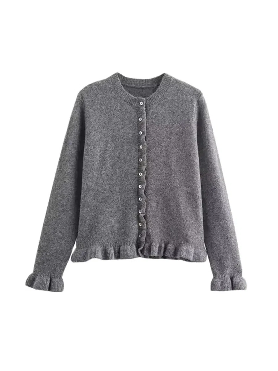 Cárdigan de Punto con Volantes for Mujer, suéter Elegante Cuello Redondo, Manga Larga y Botones Delanteros, Prenda Exterior Cárdigan Mujer