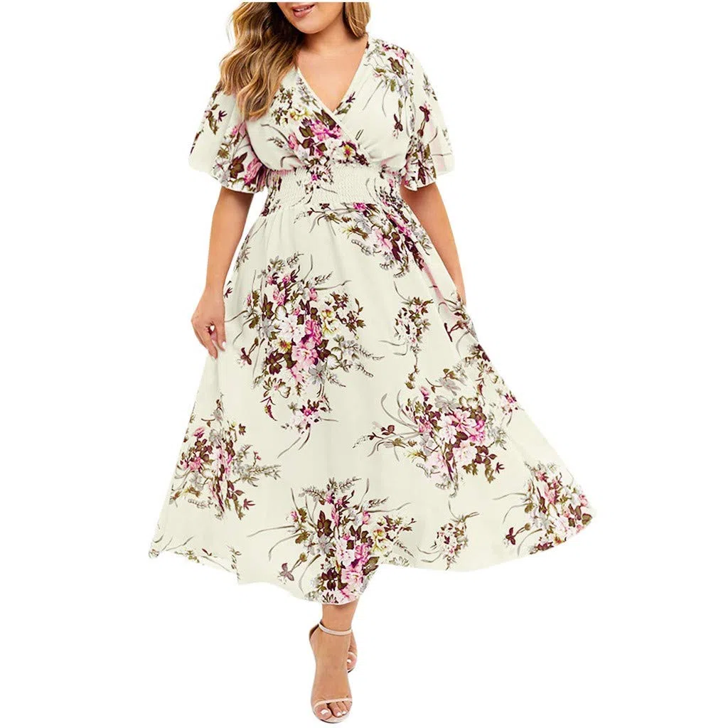 QWUVEDS Talla Casual Ropa Corta Mujer Manga Cuello en V Flores Estampado Plus Moda Plus Tamaño Vestido Mujer Tallas Grandes Vestido de Boda Vestido de Verano para Mujer Elegante Sexy