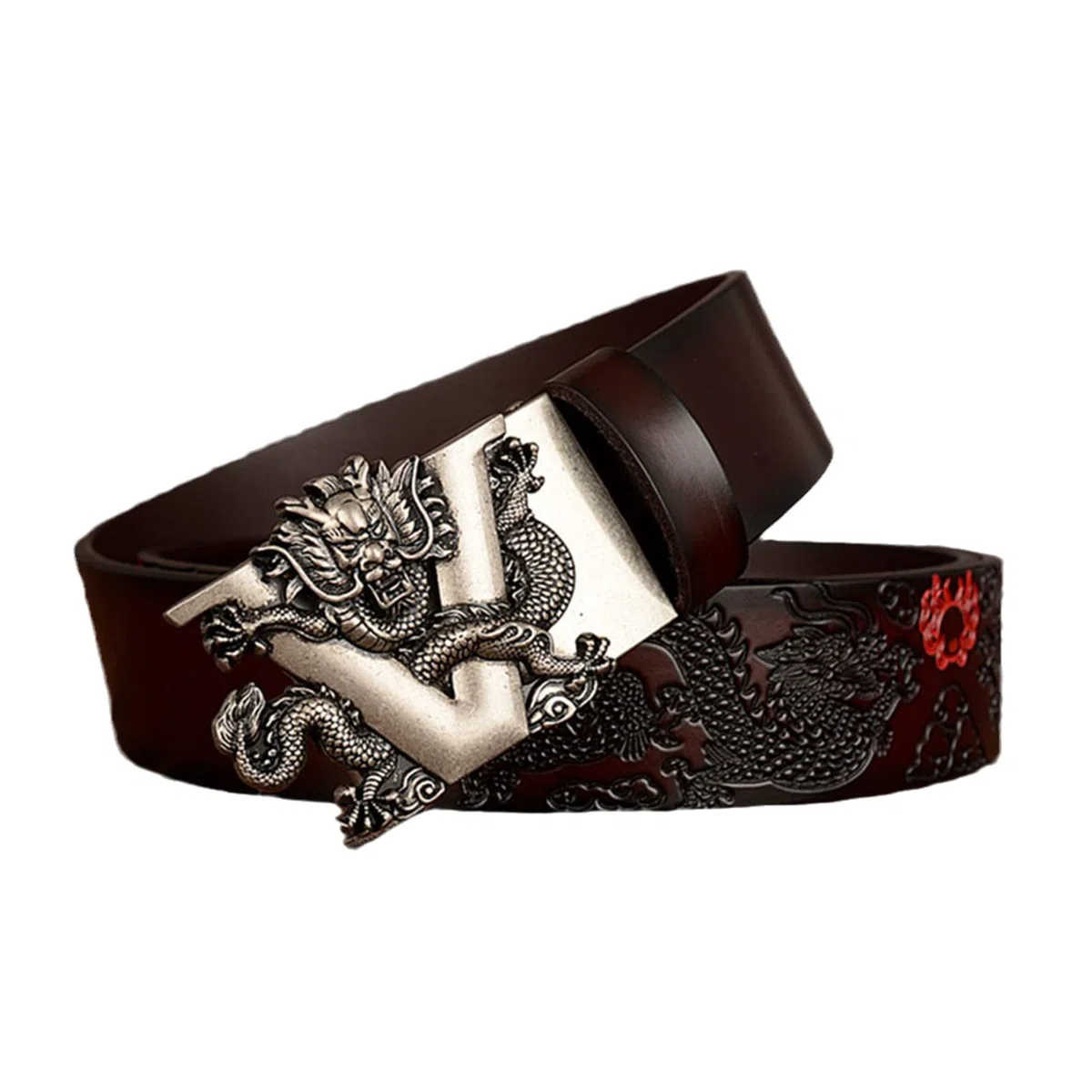 cinturón, Correa de trinquete cuero genuino for hombre con hebilla automática deslizante 3D plateada, 3,5 cm ancho - Hebilla ajustable(Coffee,125cm/waist:42"~44")