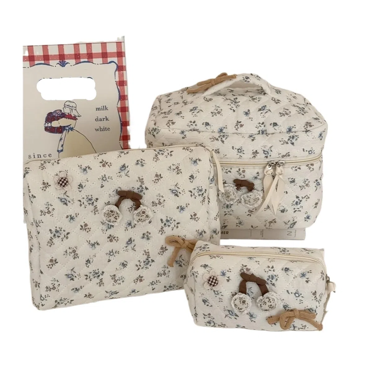 Bolsa Maquillaje Conjunto de Bolso de Tela Acolchado, Bolsa de Almacenamiento estética, Bolsa de Maquillaje Floral Fresca Estilo Ins de Viaje portátil