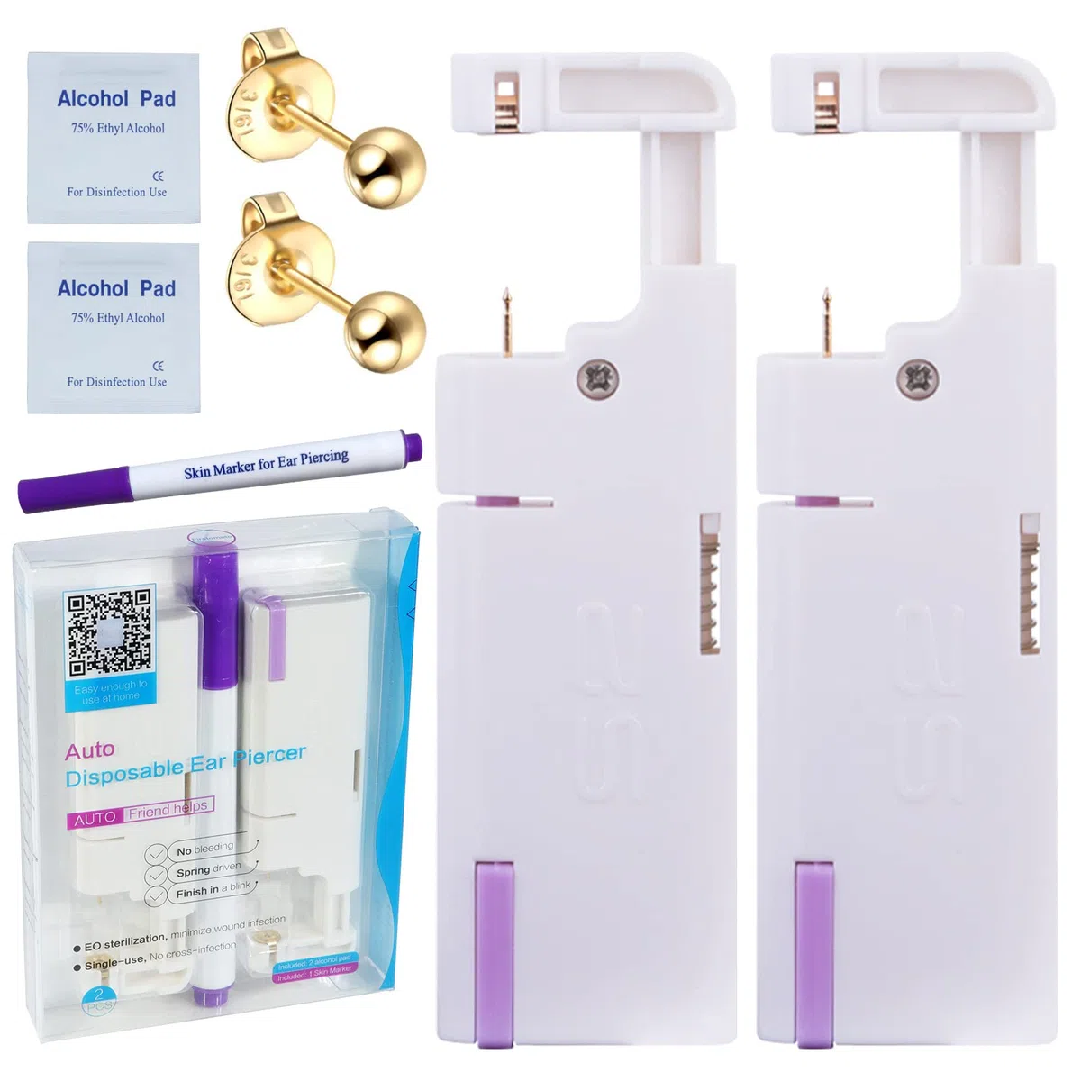 Firstomato 2 piezas Disposable Ear Piercing Kit Ear Piercing Gun Self Use Ear Piercings Kit Cartilage Piercing Gun with Hypoallergenic Earrings(3mm Ball,24kt Gold)