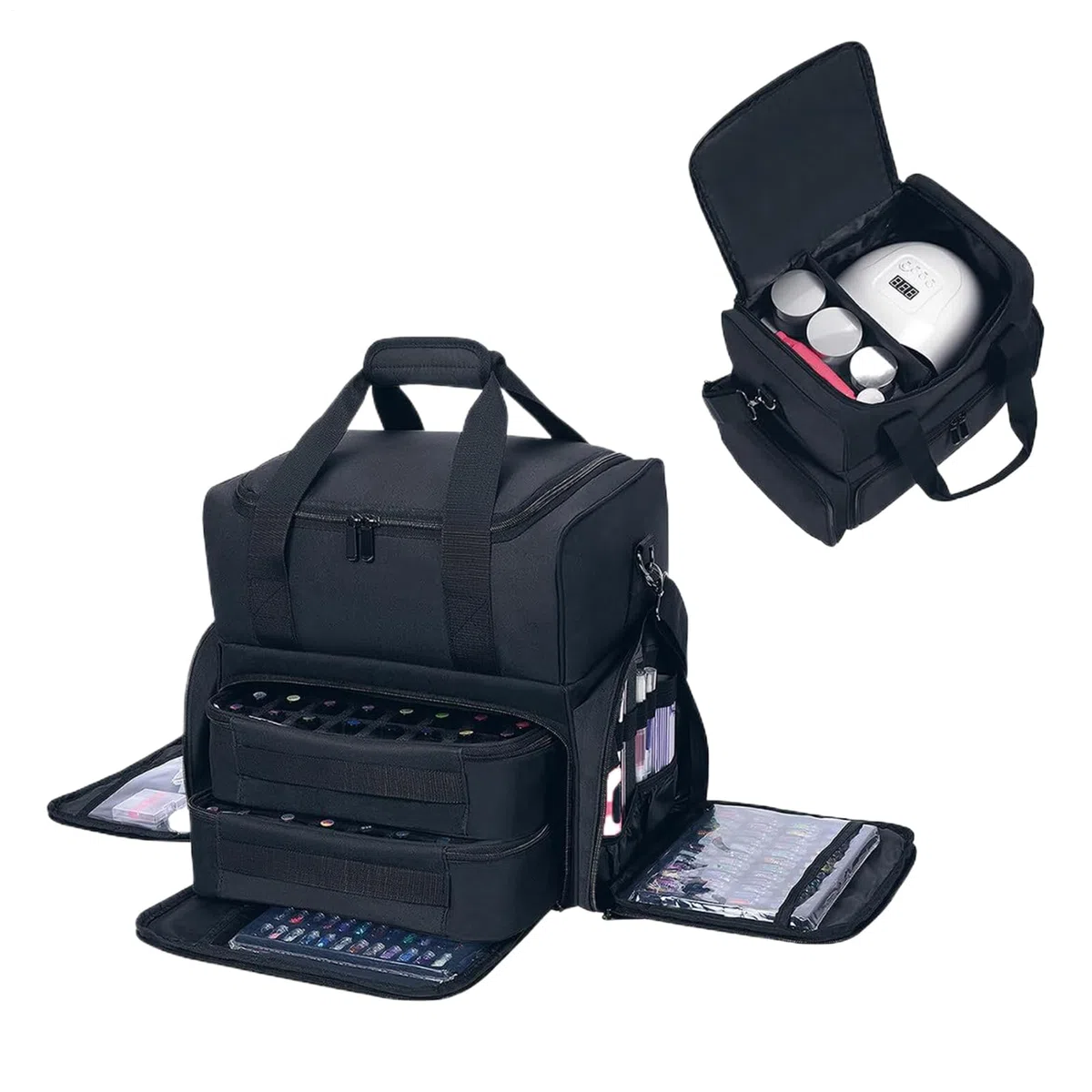 Bolsas de uñas para accesorios de uñas, organizador de esmalte de uñas, bolsa para | Juego de lámpara de uñas – Estuche de almacenamiento para 70 botellas con soporte y correa para el hombro para viajes