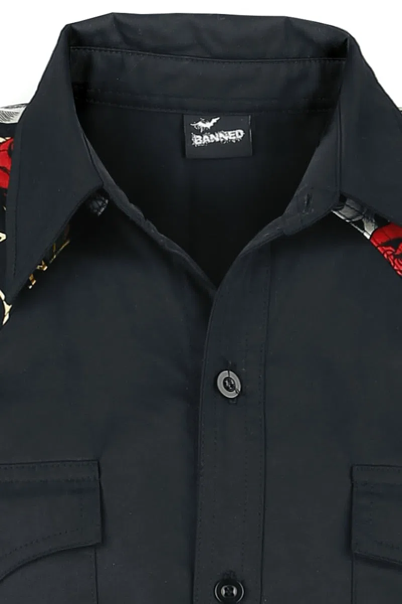 Banned Alternative Skull Rose Hombre Camisa Manga Corta Negro 60% poliéster, 40% algodón Regular