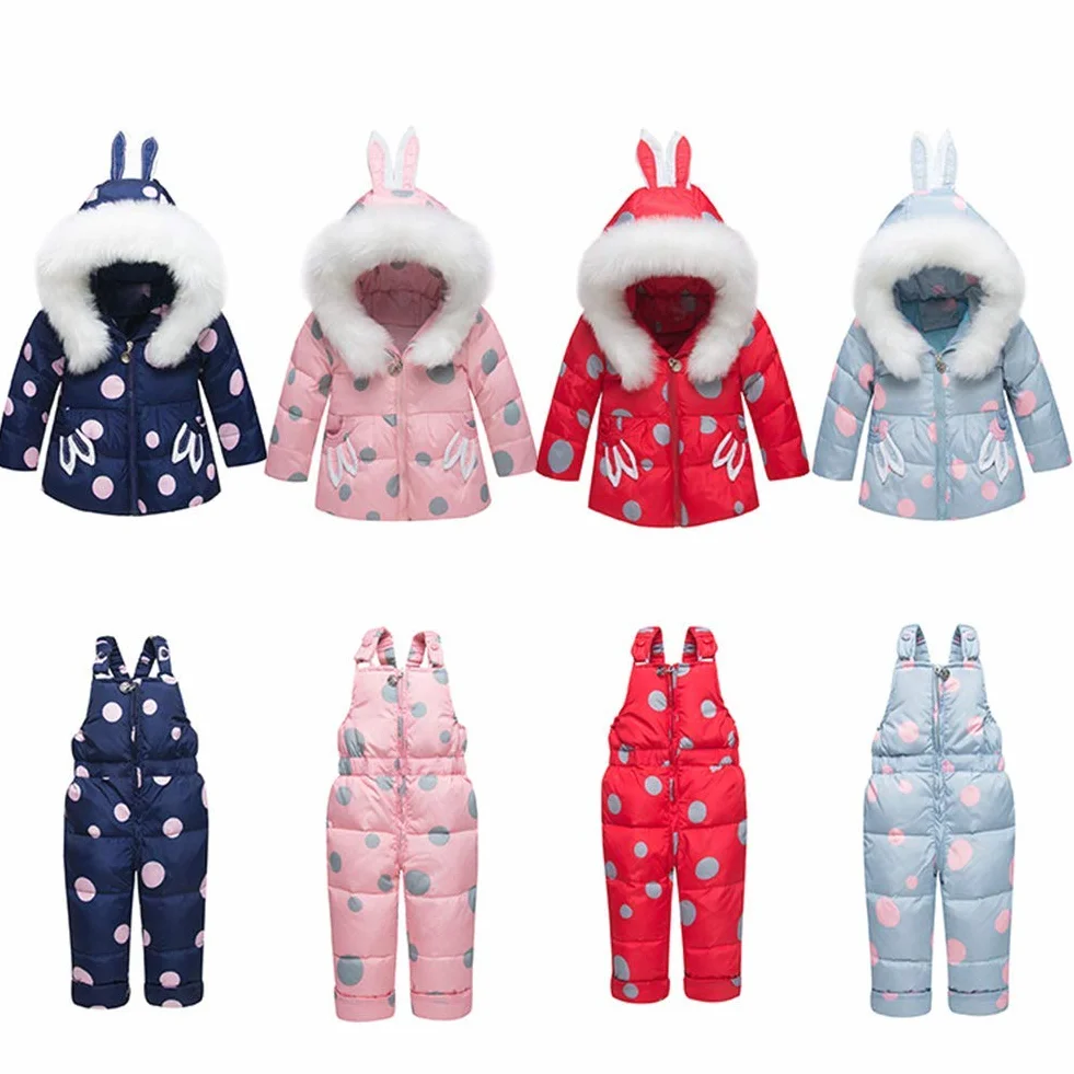 SANMIO 2 Piezas Niños Traje de Esquí Conjunto de Nieve para Bebé Infantil Niña Invierno Cálido Chaqueta Abajo con Patrón de Puntos Capucha y Pantalones