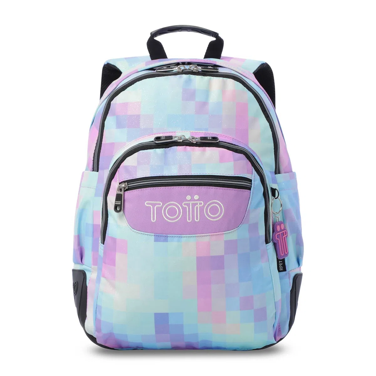 TOTTO - Mochila Escolar Grande, Modelo Rayol Glitter, Capacidad 19 L, 3 Compartimentos, 2 Bolsillos Botella, Bolsillo PC 14", Espaldar Ergonómico con Flujo de Aire, Correas en S, Estampado Pixelly