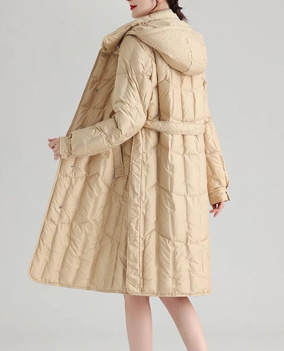 BrOleo Abrigo De Plumas con Capucha para Mujer Chaqueta Larga De Invierno,Chaqueta De Plumas Ligera con Cinturón Abrigo con Capucha Ropa De Abrigo Repelente Al Viento Regalos para Caminar Al Aire Li