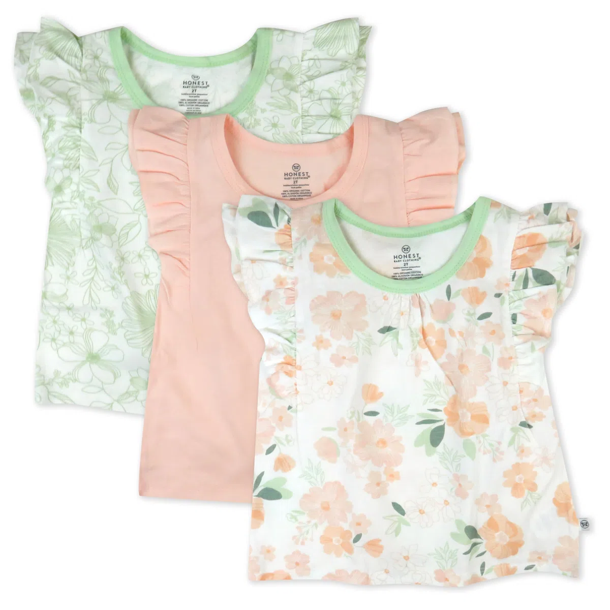 HonestBaby Baby-Girls - Paquete de 3 camisetas sin mangas con volantes, 100% algodón orgánico para bebés y niñas