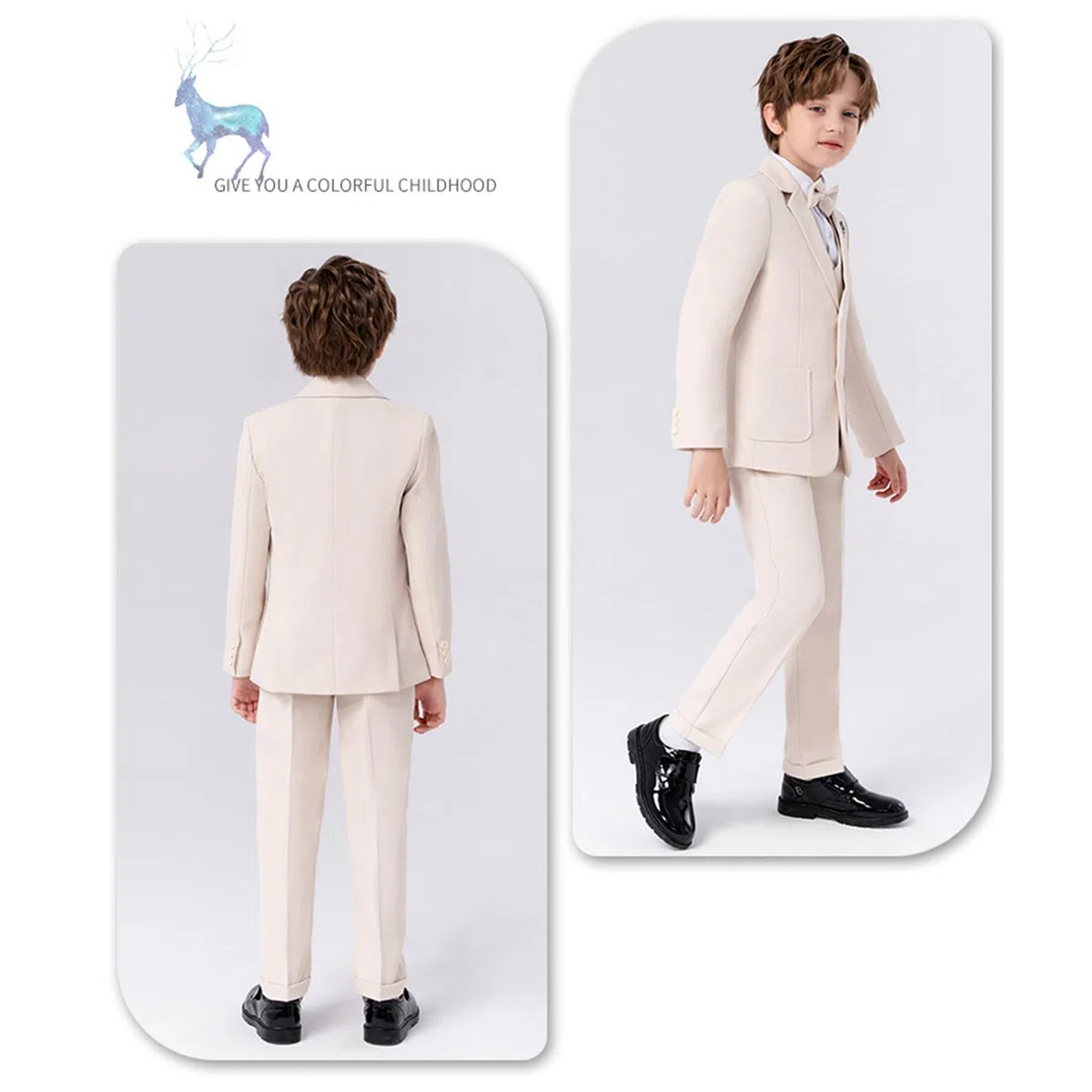 Generisch Niños Pequeños Bebé Niño Primavera Otoño Plaid Manga Larga Camisa Pantalones Abrigo Pajarita Trajes 5 piezas Traje Vestir (Beige, 3-4 Años)