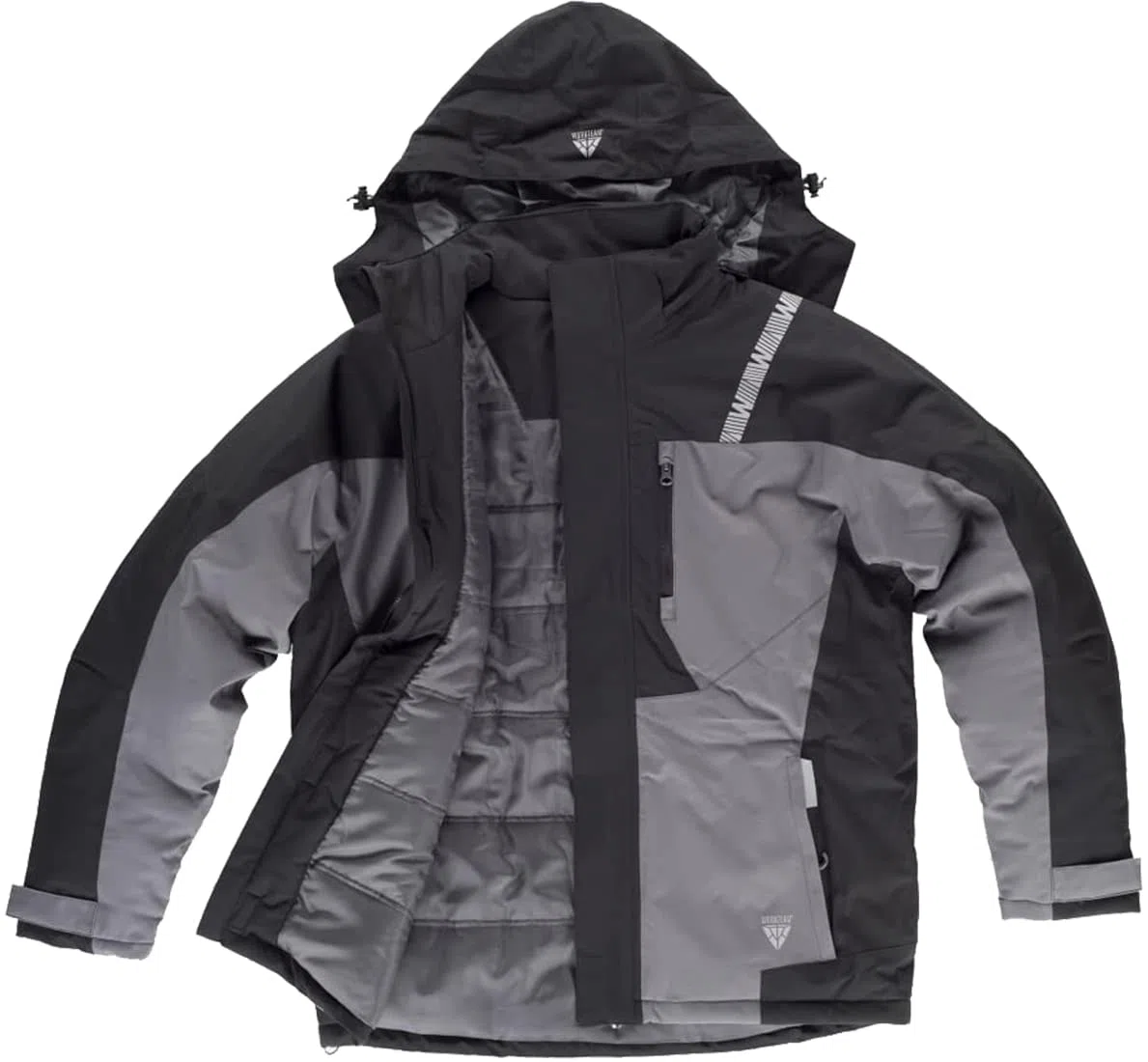 Teamwork WORKTEAM Parka con capucha combinada y detalles reflectantes, Acolchada. Ideal para trabajo, tiempo libre, etc. Unisex Negro+Gris-XXL