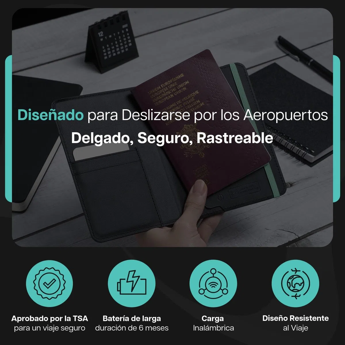 SCAPADE AirPass - Cartera para pasaporte rastreable, funciona con Apple Find My, batería recargable (5-6 meses), 3 ranuras para tarjetas, no necesita aplicación, elegante funda de viaje para usuarios