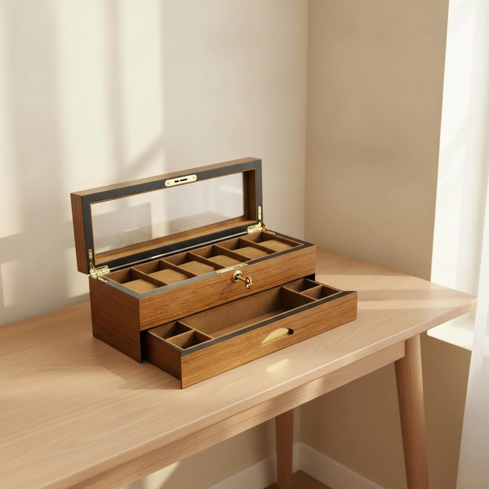 rockible Organizador Relojes con Tapa Cristal Organizado Joyero con Cierre Caja Almacenamiento Joyas para Coleccionistas, Tocador, Caja De 6 Relojes De Doble Capa Con Cajón, Acabado En Teca