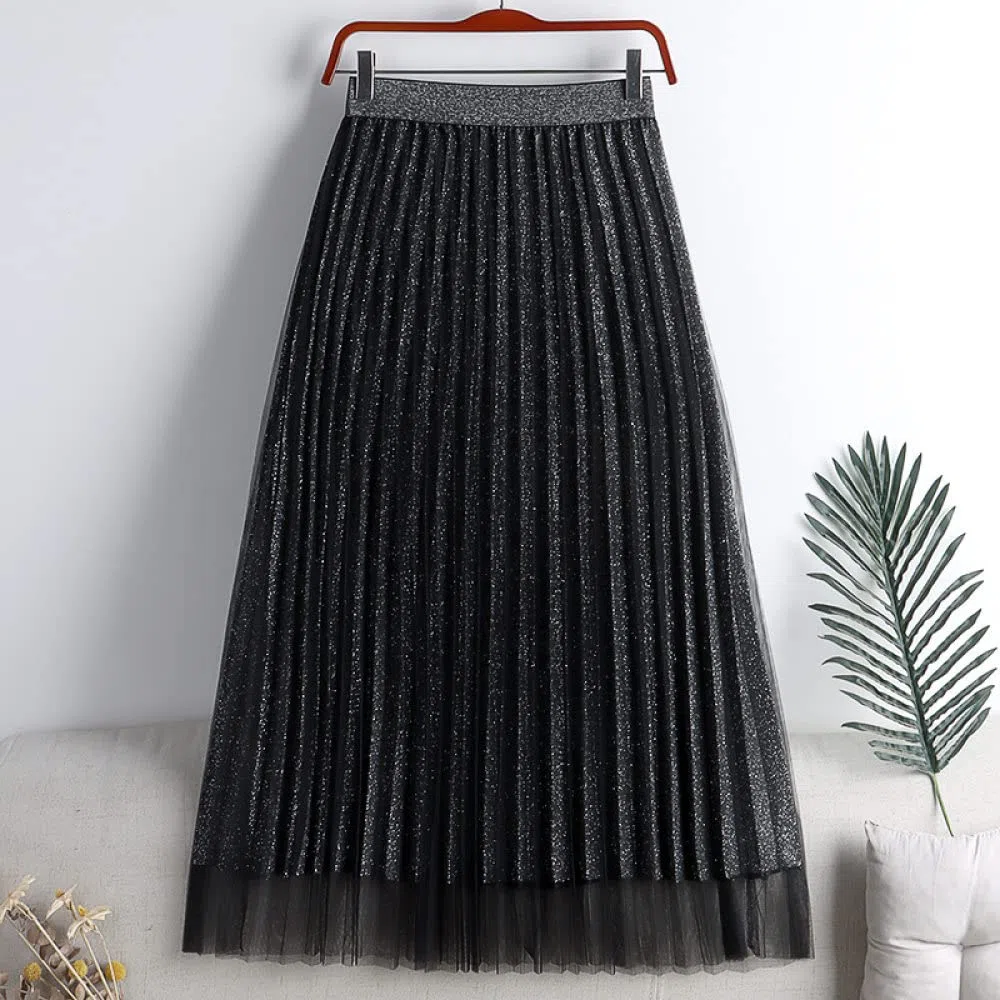 Faldas para Mujer Reino Unido,Faldas Plisadas para Mujer Cintura Elástica Longitud Midi Faldas De Invierno Negras Brillantes Falda Informal De Talle Alto De Una